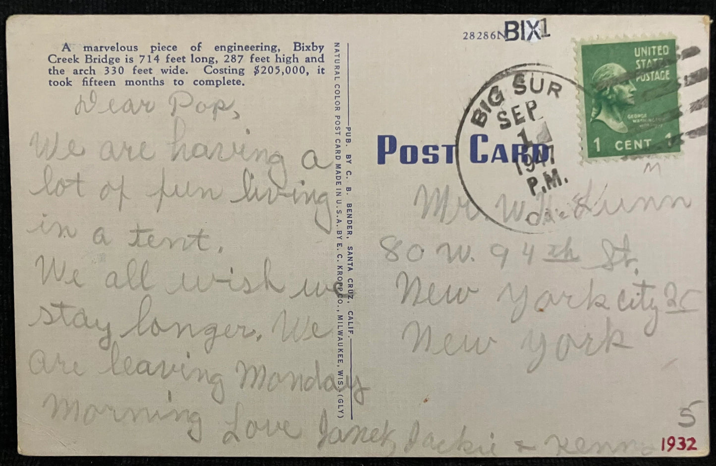 Bixby Creek Bridge, Carmel-San Simeon Highway, California - Vintage Bridge Postcard, back