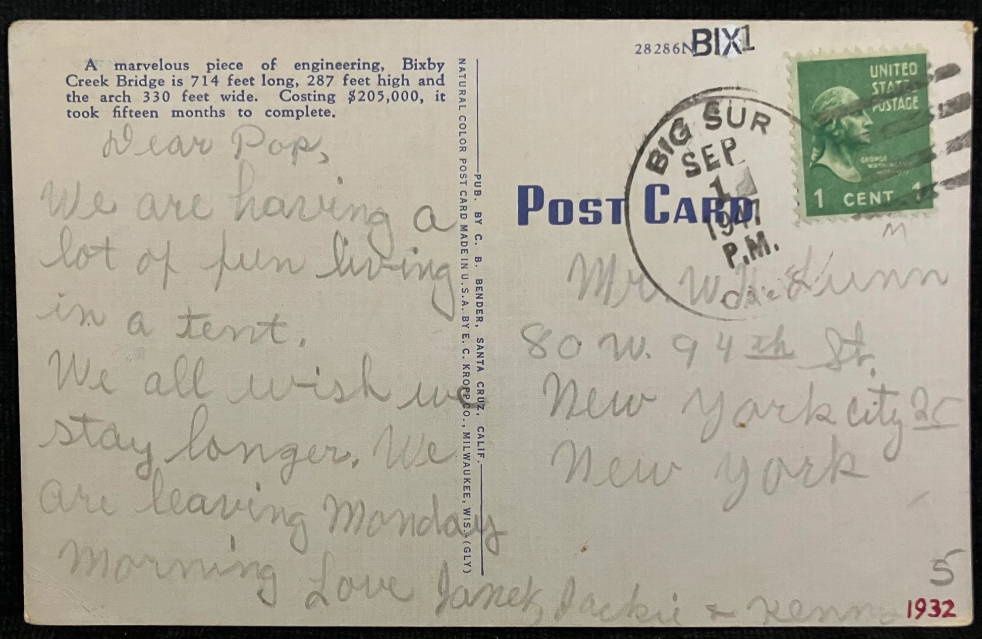 Bixby Creek Bridge, Carmel-San Simeon Highway, California - Vintage Bridge Postcard, back