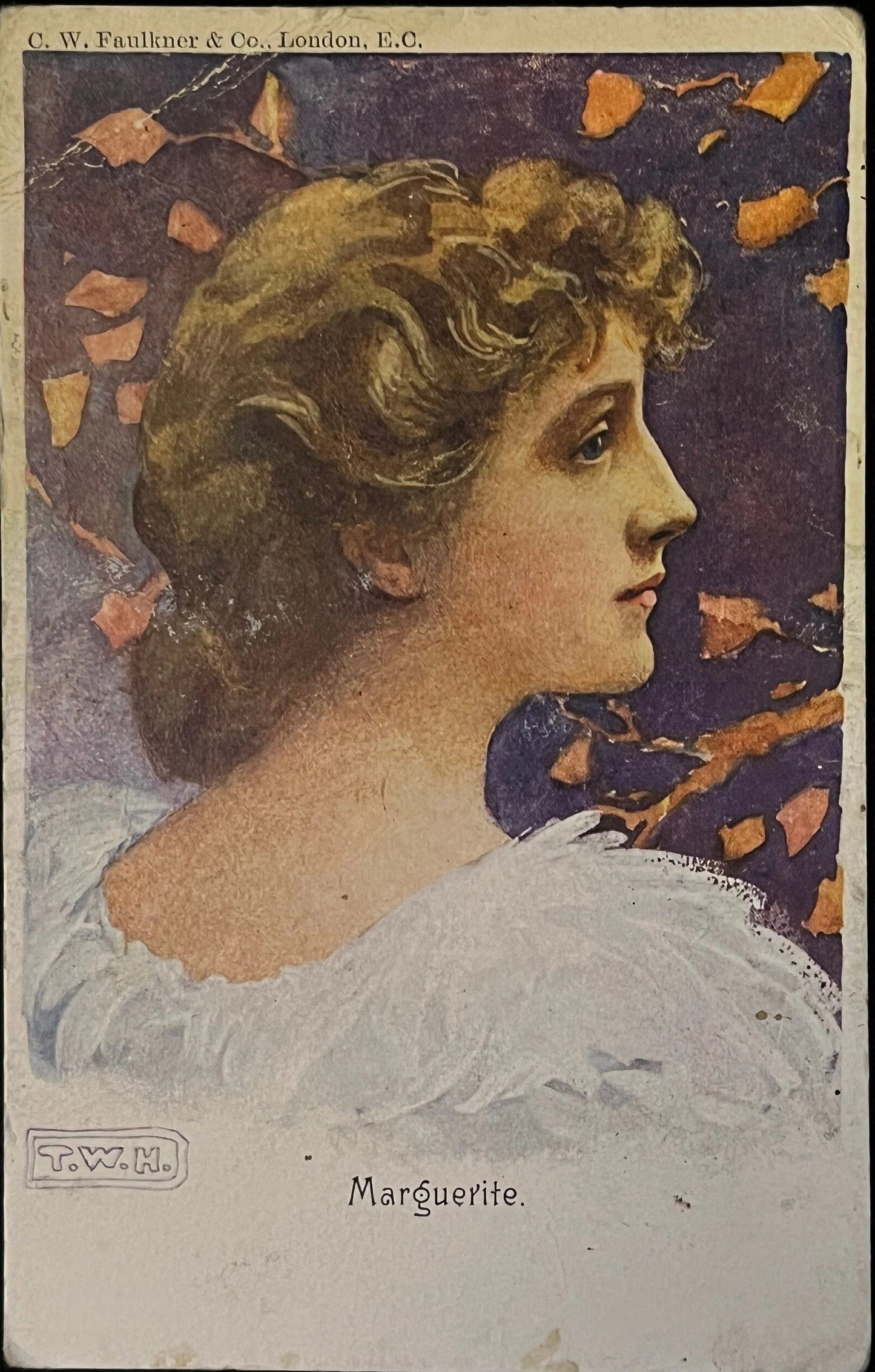 Vintage portrait of a blonde woman with decorative border and text