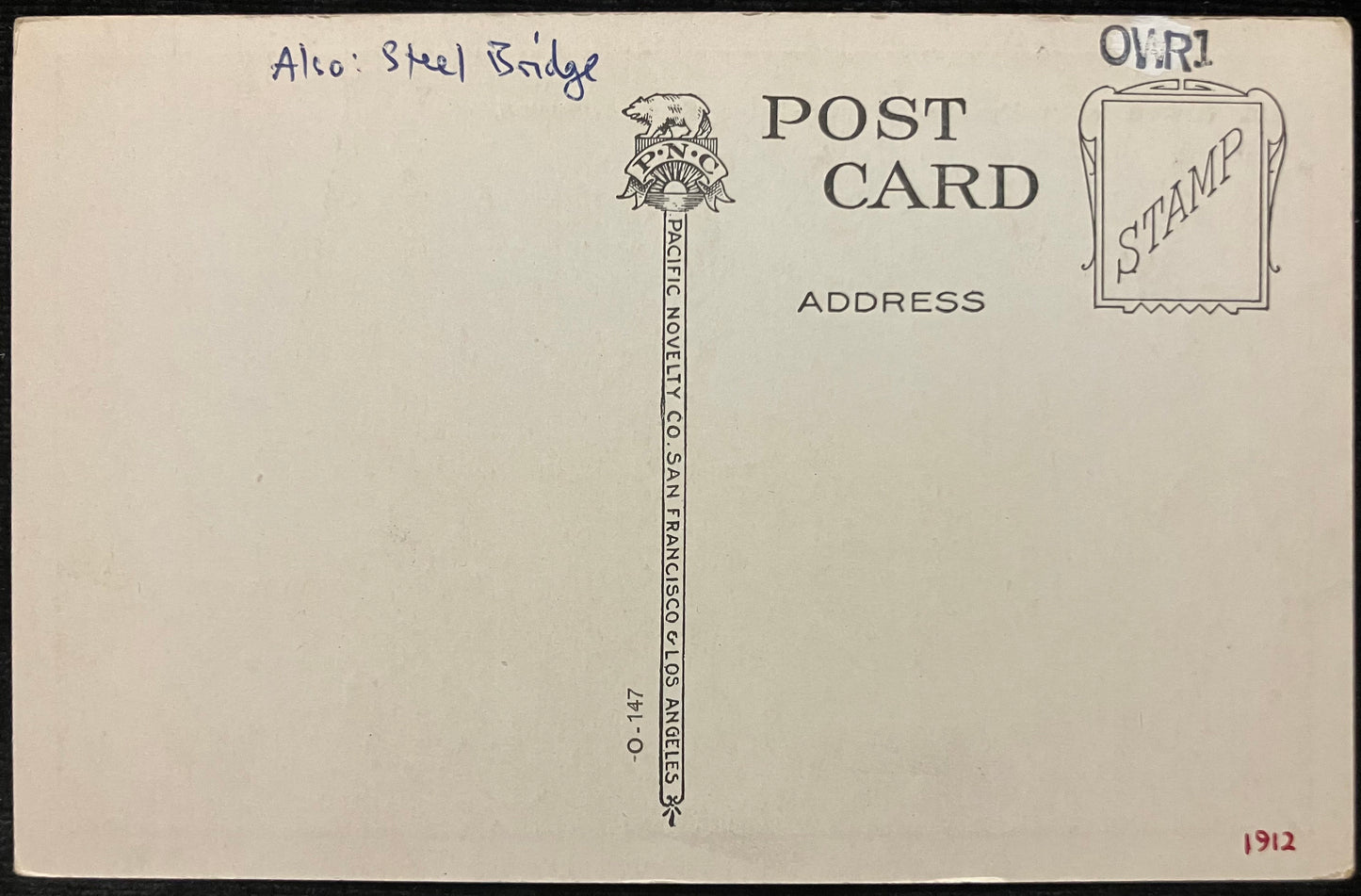 On front: O. W. R. & N. Bridge Over Willamette River, Portland, Oregon. On back: Blank Unmailed: Con
