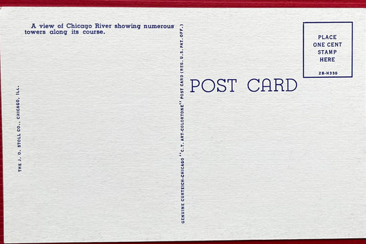 This postcard depicts a picturesque scene of the Chicago River and the towers surrounding it. Back Text: "A view of Chicago River showing numerous towers along its course." Great Condition, small stain on front. Unmailed Postmark: None Publisher: Cur Teich Co. 1942