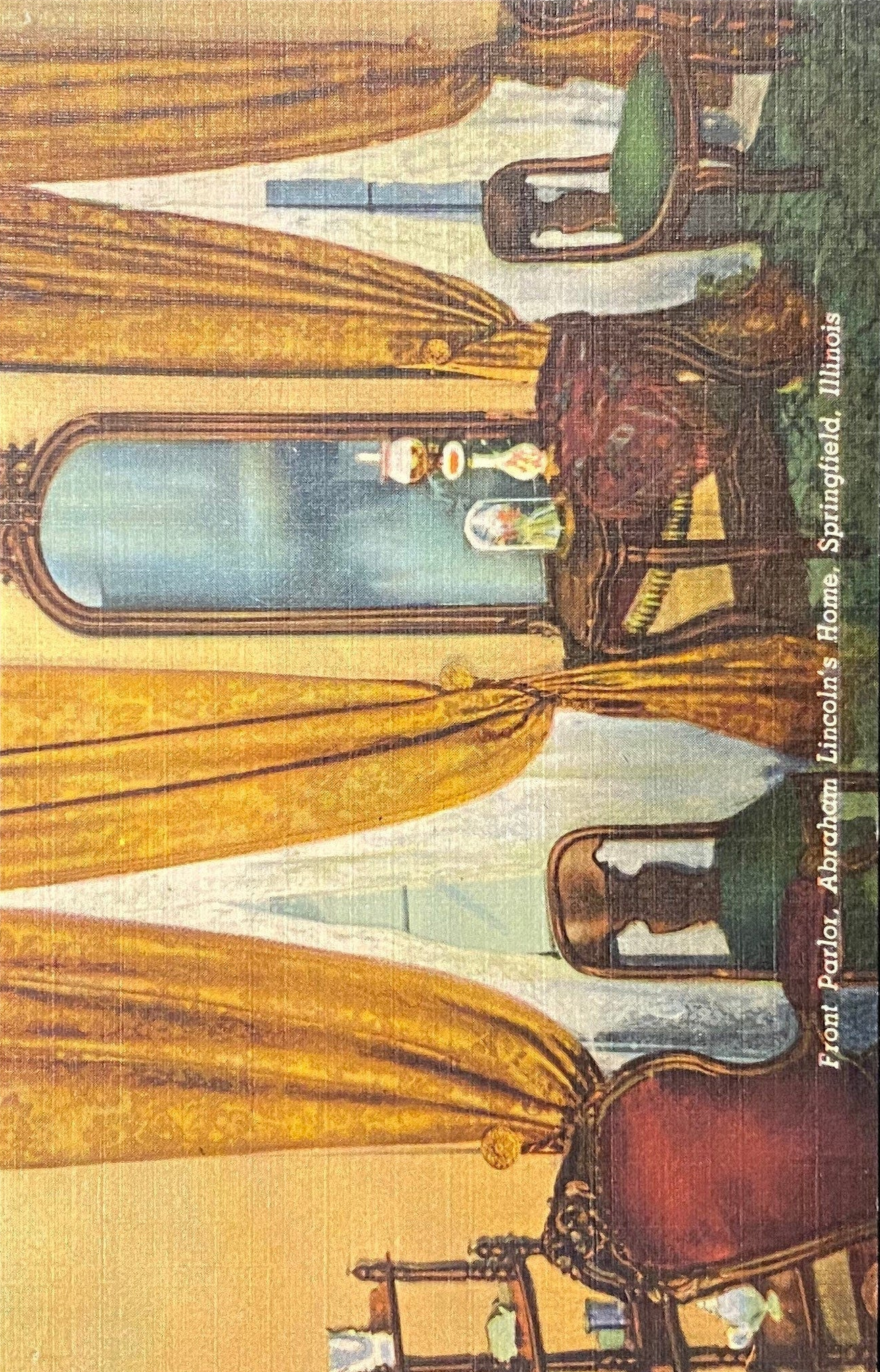 Colorful depiction of Abraham Lincoln's bedroom with furniture and decor.