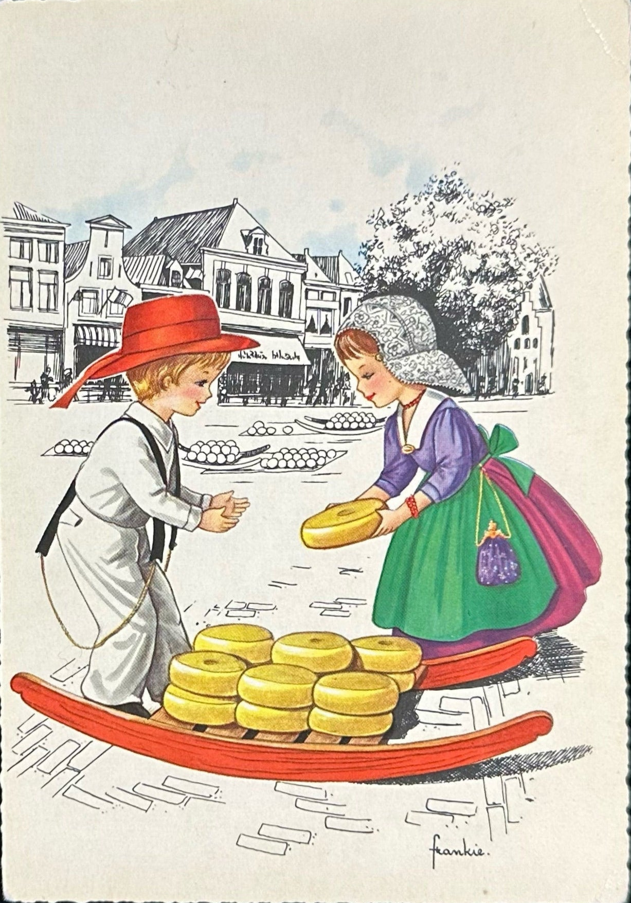 Illustration of two children in traditional Dutch clothing buying goods on a street.
