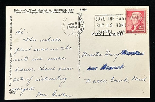 Fisherman's WharfBack Information: Fisherman's Wharf - showing in the background, Coit Tower and Telegraph Hill, San Francisco, California. Condition: Good, the edges are slightly frayed, and the front of the postcard has some scratches the back of the postcard has some smudging and aging present.1950'sMailed: Posted in April 9th, 1956 from Fisherman's Wharf, California with a Carmine 2 cent Jefferson stamp.Photograph Plastichrome Publisher: Colourpicture Publishers Inc.