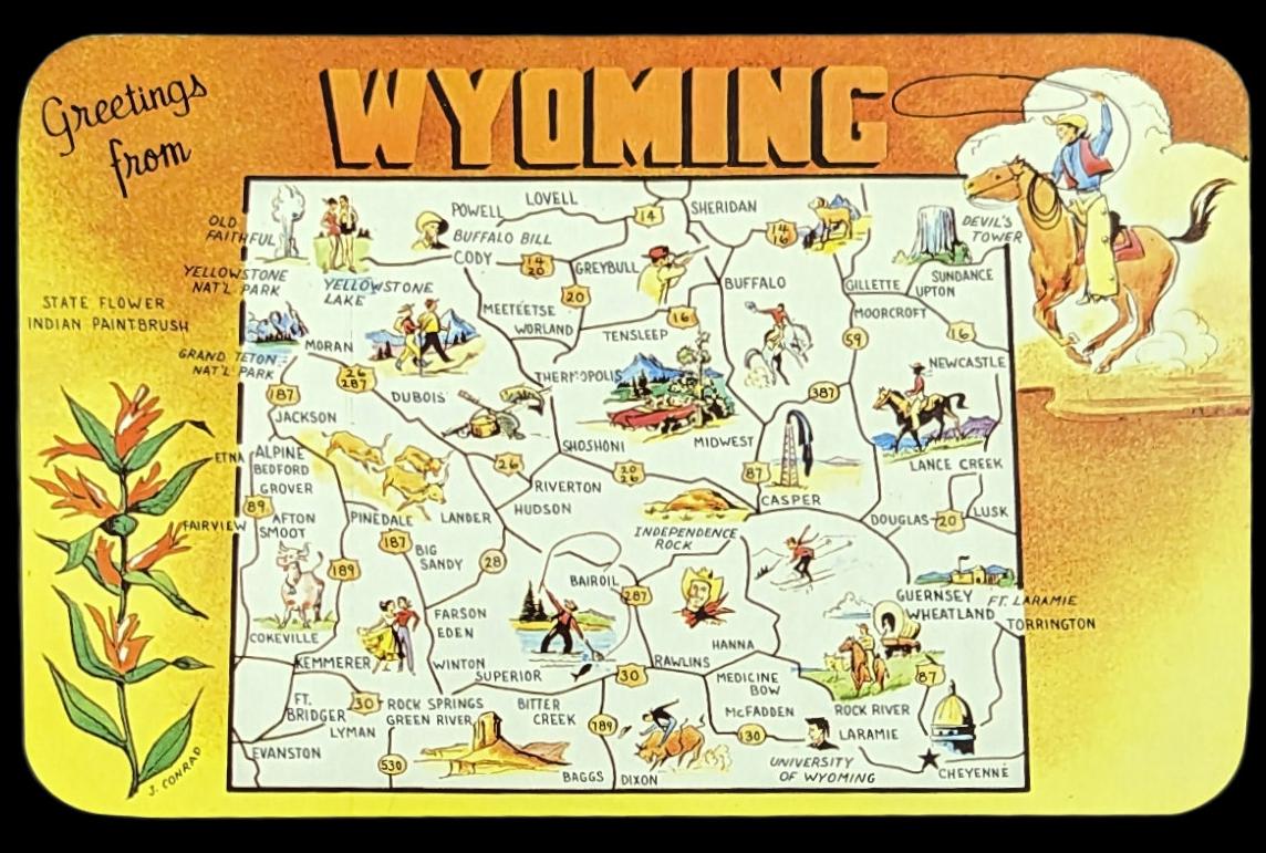 DOWNLOAD PNG File This is a bright and fun design from a vintage Wyoming postcard. The print can be used for an assortment of things such as printing it on a mug, t-shirt, poster or cards to send. **NOTE** The background will be transparent in your print, not the black you see in the photo.