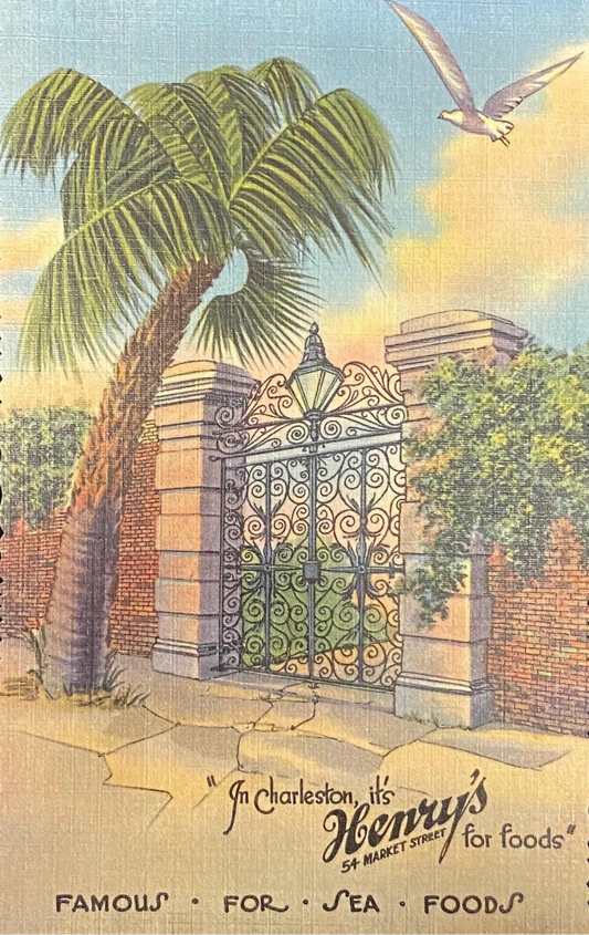 Vintage-style advertisement for Henry's Sea Foods with a decorative gate and palm tree.