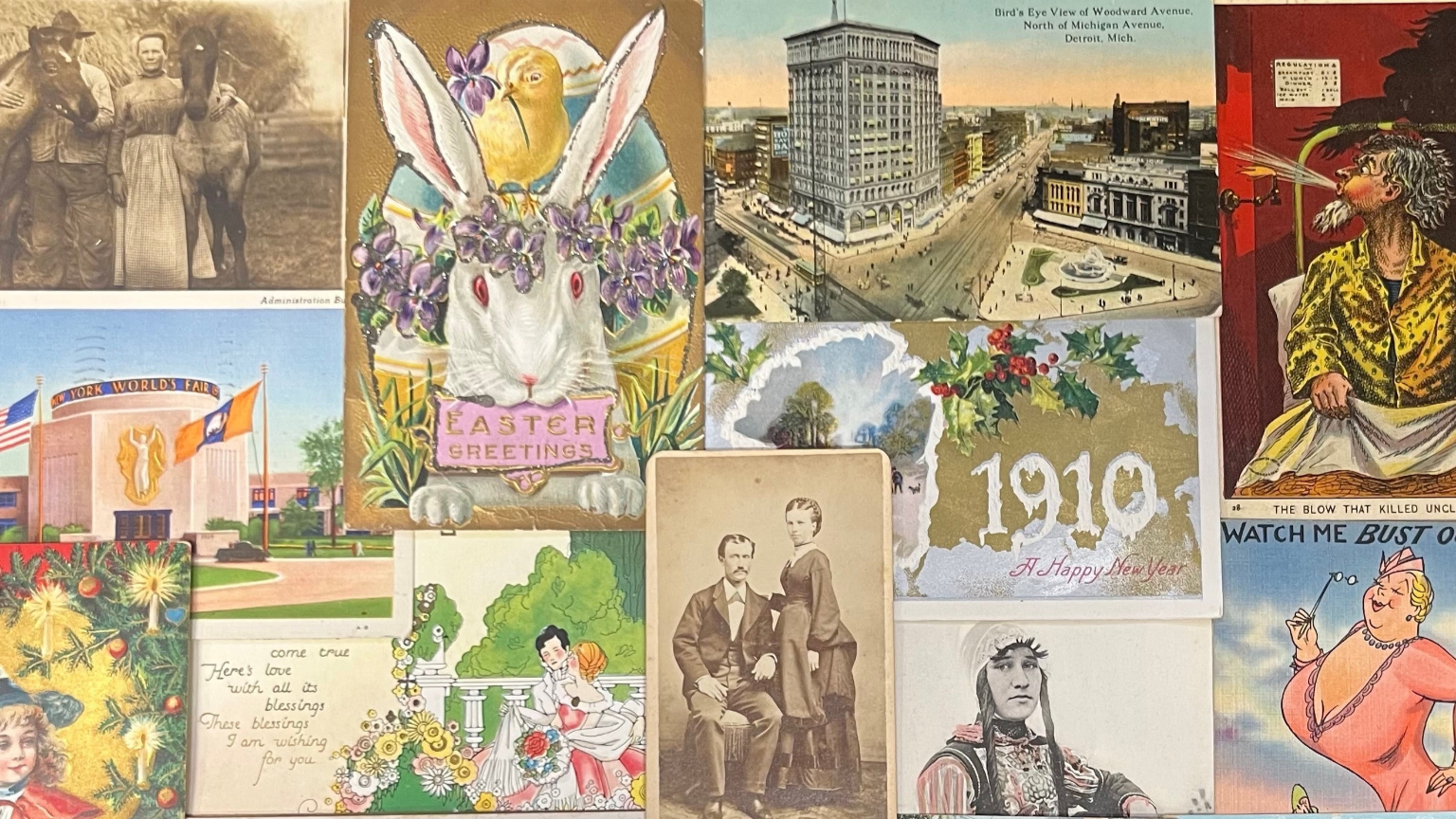 Collage of vintage postcards featuring various scenes and subjects.