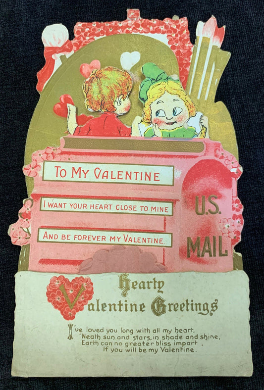 Boy and Girl in Mailbox Honeycomb Fold Out Vintage Valentine Card 1930's