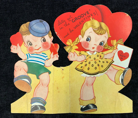 Children's Novelty Fold Out Valentines Cards, Set of 2 A-Meri-Card - "Get in the Groove" and "I'll Catch up with you" Vintage Valentines