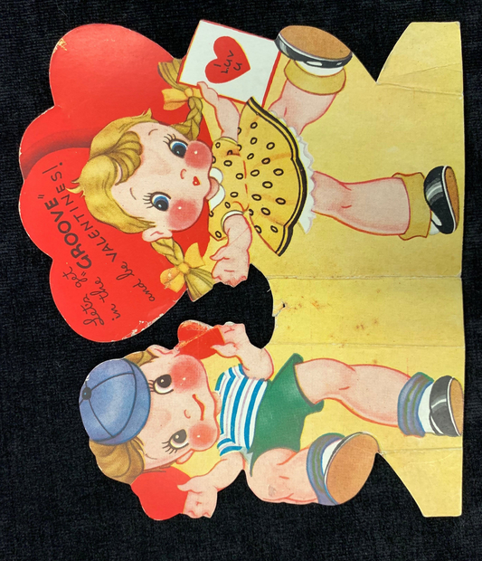 Children's Novelty Fold Out Valentines Cards, Set of 2 A-Meri-Card - "Get in the Groove" and "I'll Catch up with you" Vintage Valentines