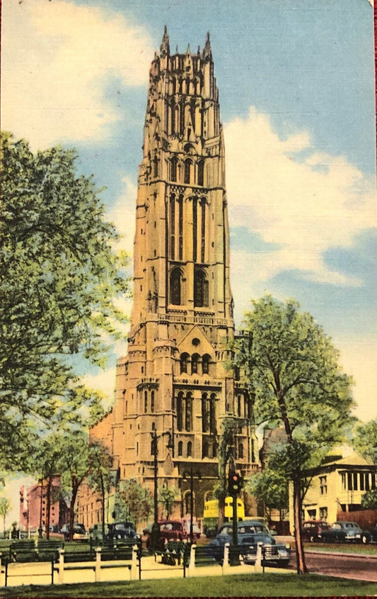 Riverside Church, New York City  - Vintage Postcard with great vintage cars around the Church