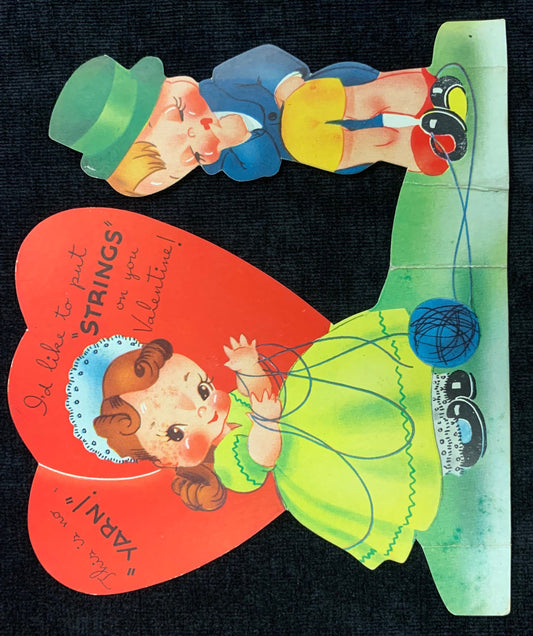 Children's Novelty Fold Out Valentines Cards, Set of 2 A-Meri-Card - "I'd like to put strings on you" and "Will you step out" Vintage