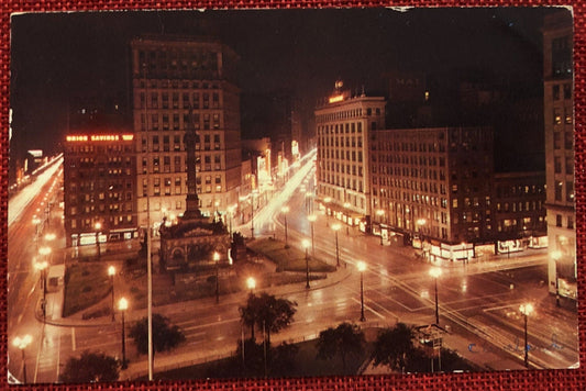 Greetings Cleveland, Ohio Public Square at Night - Vintage Postcard