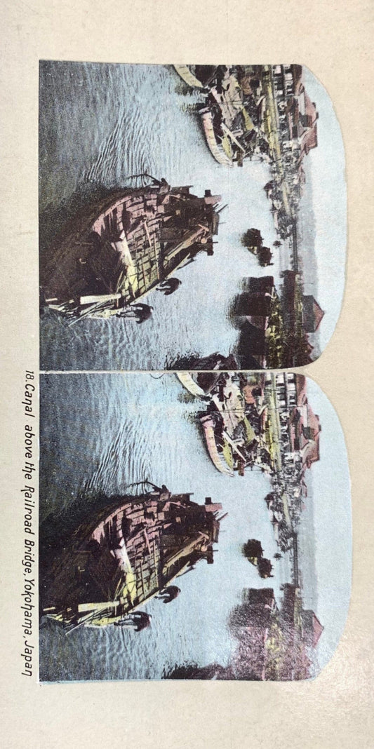 Canal above the Railroad Bridge - Yokohama, Japan - Vintage Stereo Card 1890s