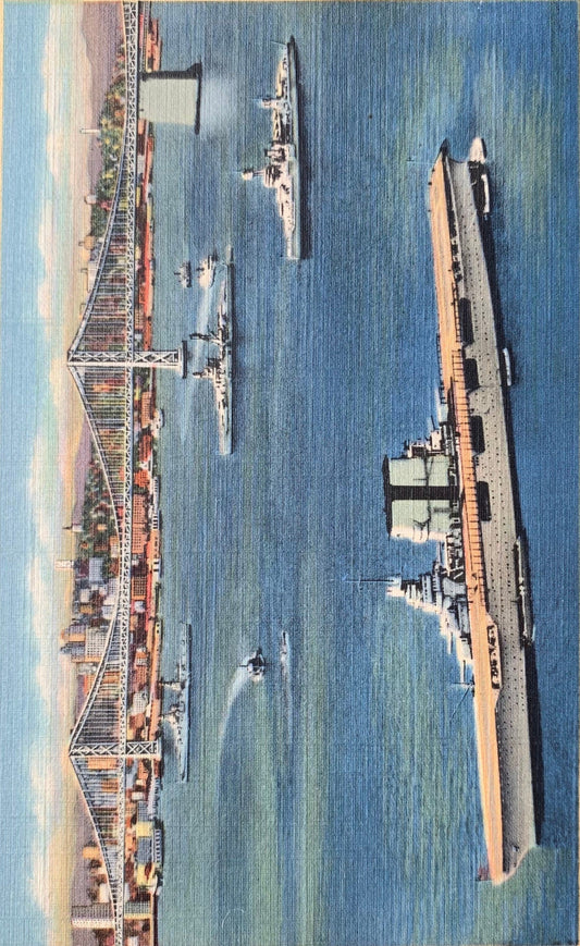 Oakland Bay Bridge - U.S. Battleships at Anchor - San Francisco Bay, California - 1940s Linen Postcard