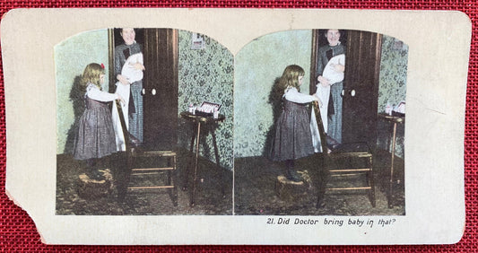 Did Doctor Bring Baby In That? - Vintage Stereo View Card - Late 1800s - Little Girl Looking at New Baby