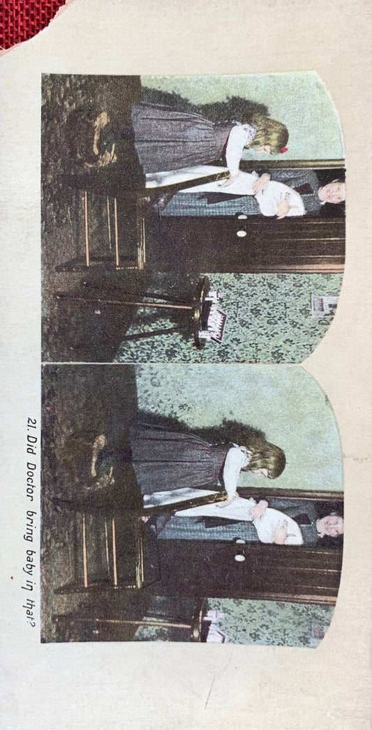 Did Doctor Bring Baby In That? - Vintage Stereo View Card - Late 1800s - Little Girl Looking at New Baby