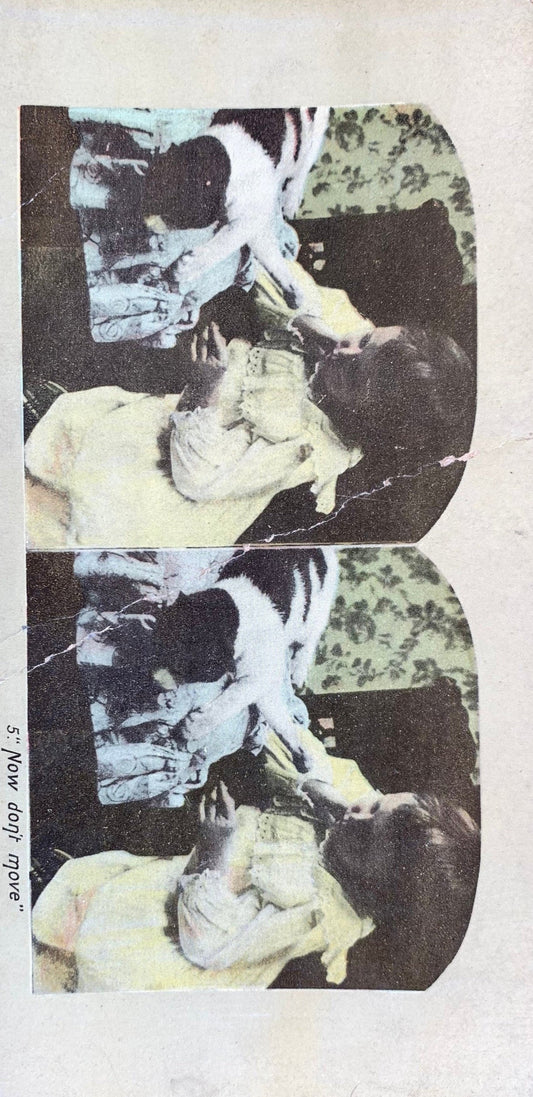Now Don't Move - Vintage Stereo View Card - Late 1800s, Child Playing With a Cat