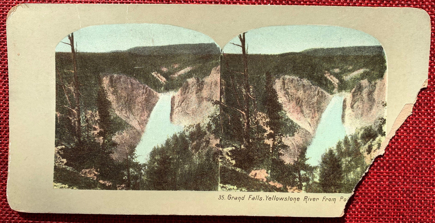 Grand Falls, Yellowstone River - Vintage Stereo View Card - Late 1800s