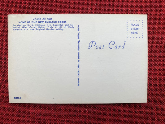 This postcard features an image of the House of 1800 Home of Fine New England Foods. Back Text: "Hou