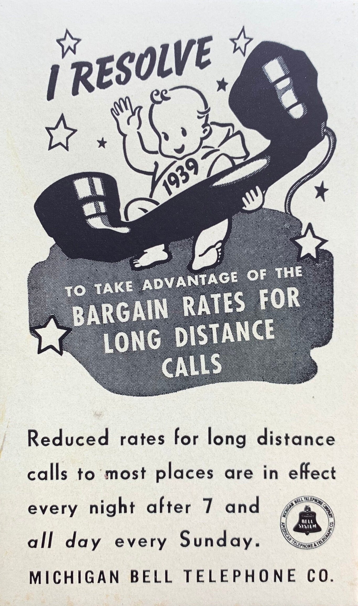 I Resolve to Take Advantage of the Bargain Rates For Long Distance Calls - Michigan Bell Co. - 1939 Trade Card
