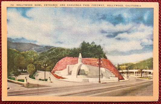 Hollywood Bowl Entrance and Cahuenga Pass Freeway - Hollywood, California - 1940s Linen Postcard