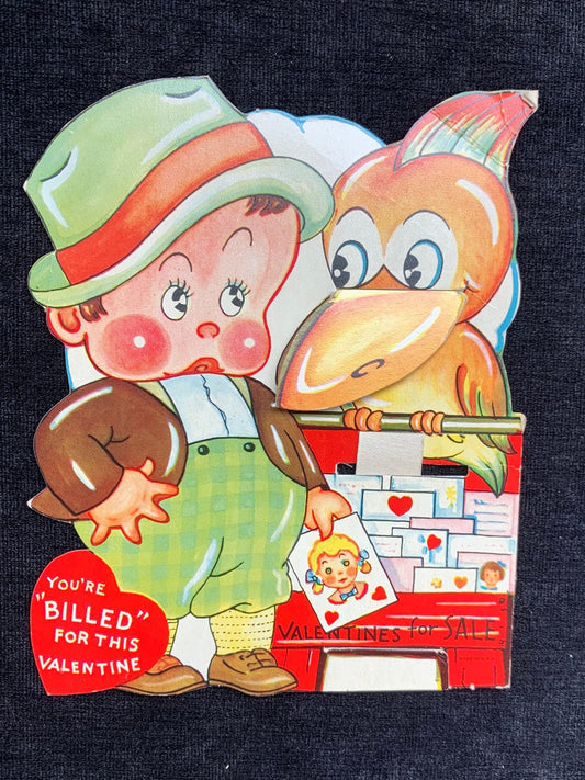 Boy and Bird Mechanical Vintage Valentine Card 1920’s-1930’s