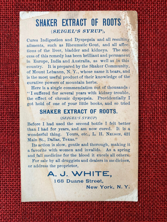 Shaker Extract of Roots Siegel's Syrup, Vintage Late 1800s Trade Card