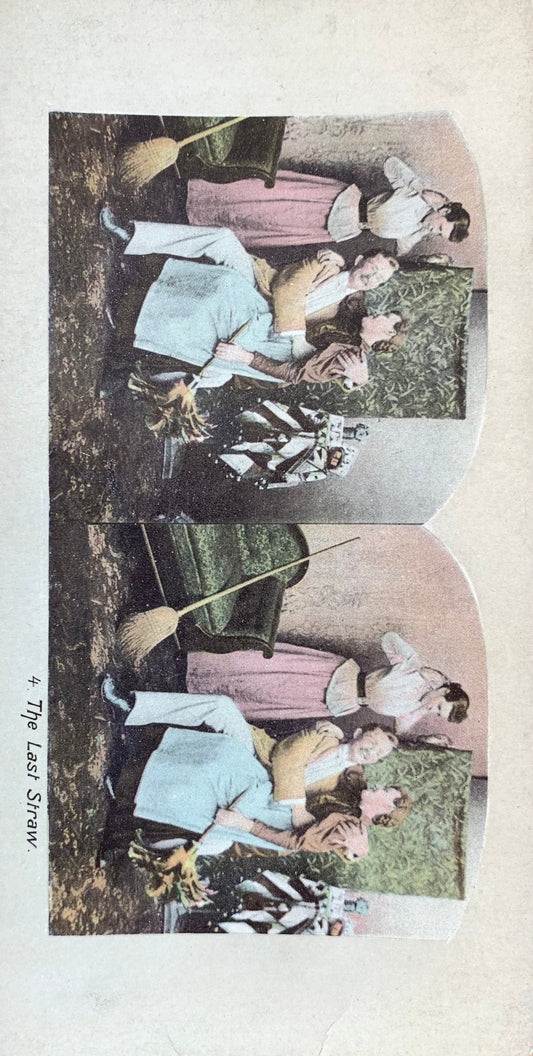 The Last Straw - Vintage Stereo View Card - Late 1800s/Early 1900s - Man With a Woman on His Lap With Another Woman Next to Them