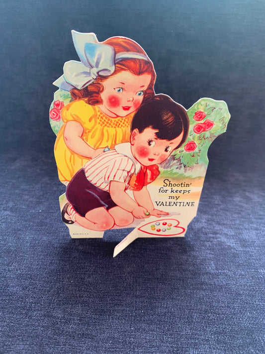 Marble "Shootin For Keeps"  Vintage Valentine Card  with Stand Unused 1940's-1950's