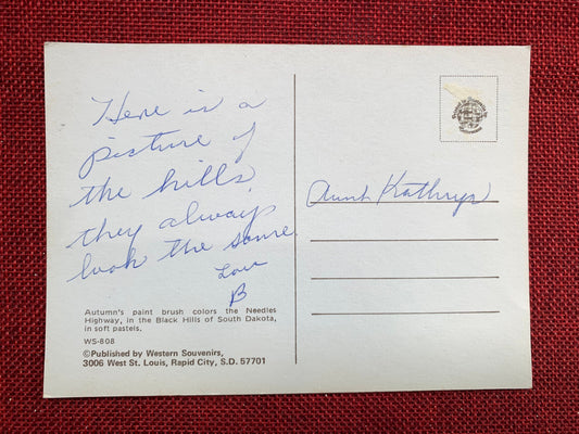 This postcard features a photograph of the Black Hills of South Dakota. Back Text: "Autumn's paint b
