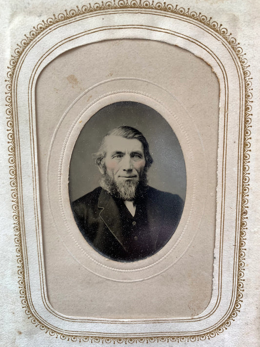 Victorian Era Tintype of a Bearded Older Man with Hand Painted Rosy Cheeks, 1860s-1870s