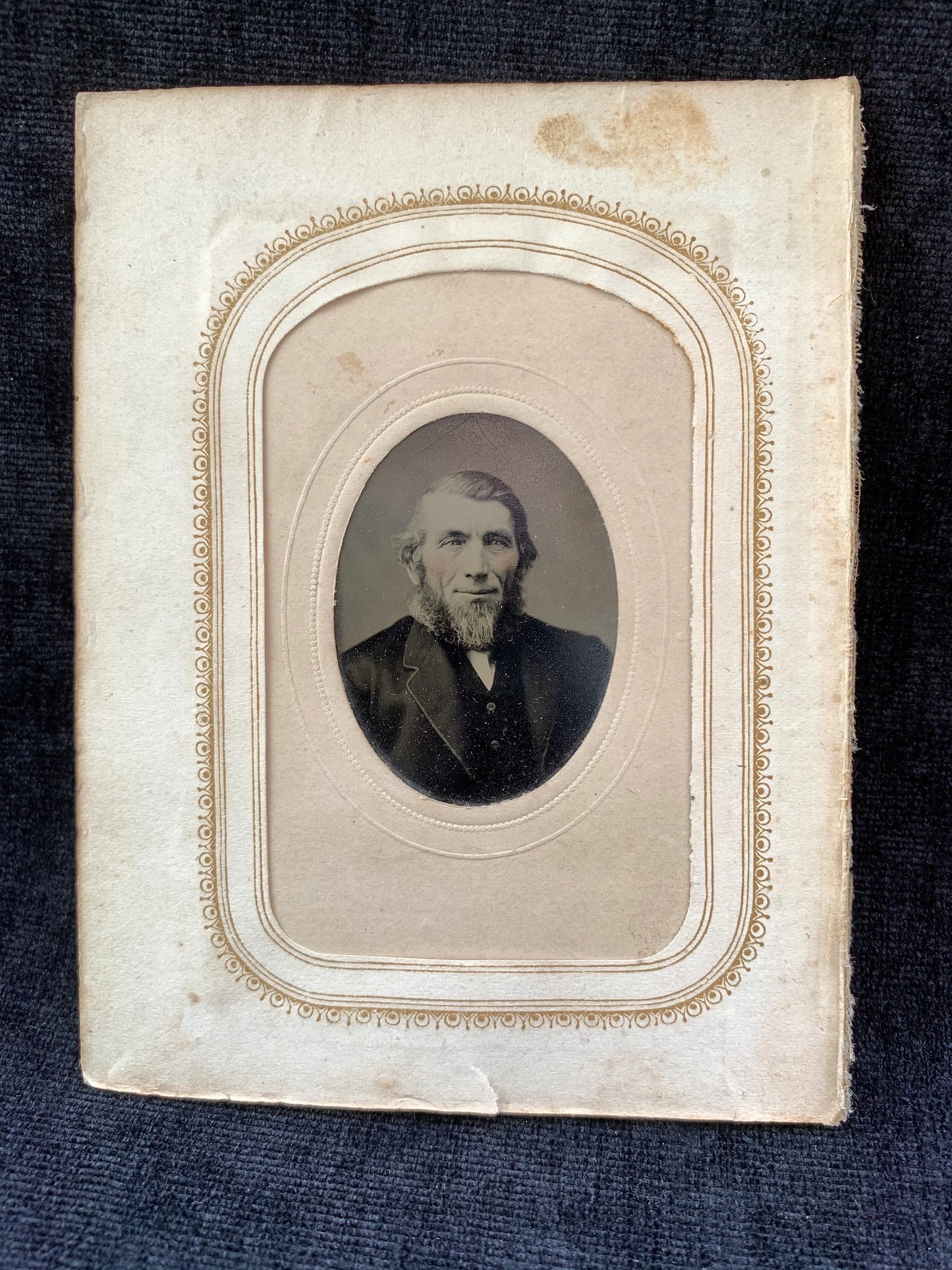 Victorian Era Tintype of a Bearded Older Man with Hand Painted Rosy Cheeks, 1860s-1870s