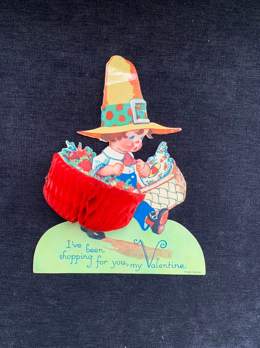Chloe Preston Shopping Boy Vintage Valentine Card with Poof Honeycomb 1920’s-1930’s
