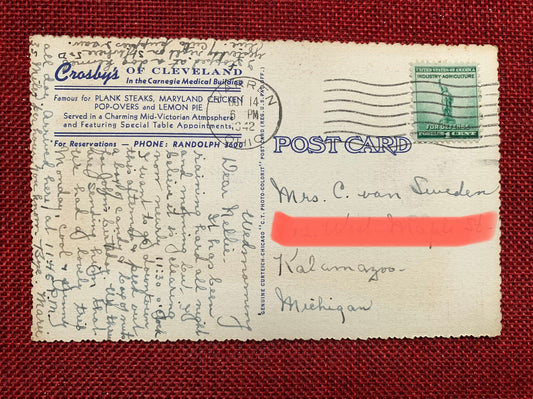 This postcard features a hand tinted image of The Lounge in Crosby's of Cleveland. Back Text: "Crosb