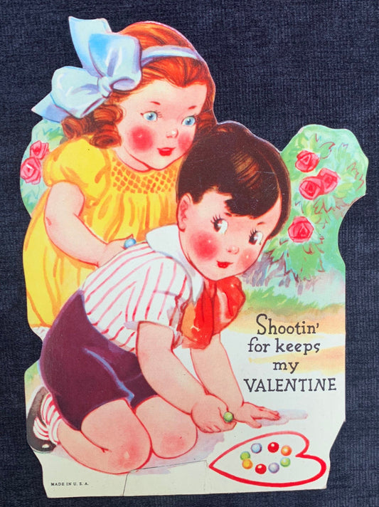 Marble "Shootin For Keeps"  Vintage Valentine Card  with Stand Unused 1940's-1950's