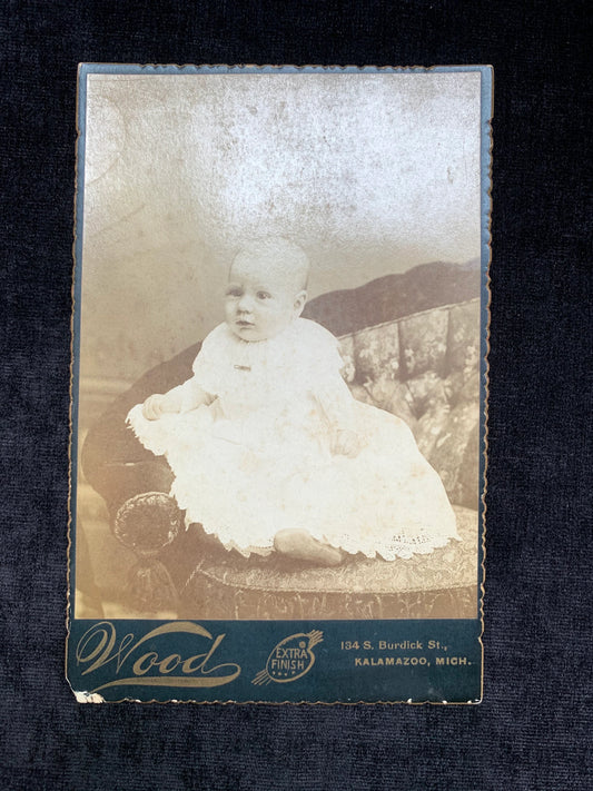 Victorian Era Portrait of a Baby Posed on a Couch, Kalamazoo Michigan Woods Studio 1896-1897
