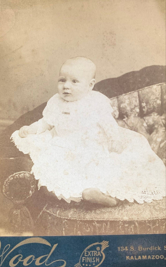 Victorian Era Portrait of a Baby Posed on a Couch, Kalamazoo Michigan Woods Studio 1896-1897