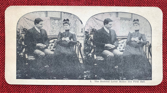 The Bashful Lover Makes His First Call - Stereo View Card, Late 1800s/Early 1900s, Couple Sitting on a Couch, Woman Looking at Man Skeptically