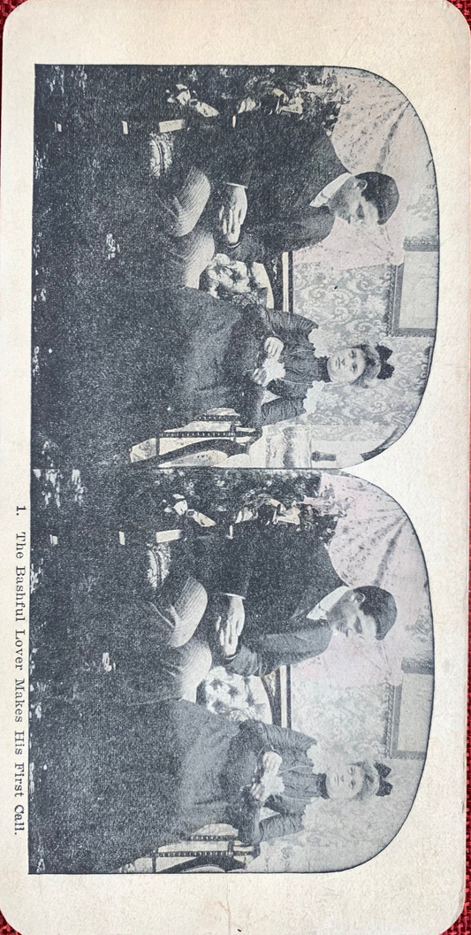 The Bashful Lover Makes His First Call - Stereo View Card, Late 1800s/Early 1900s, Couple Sitting on a Couch, Woman Looking at Man Skeptically