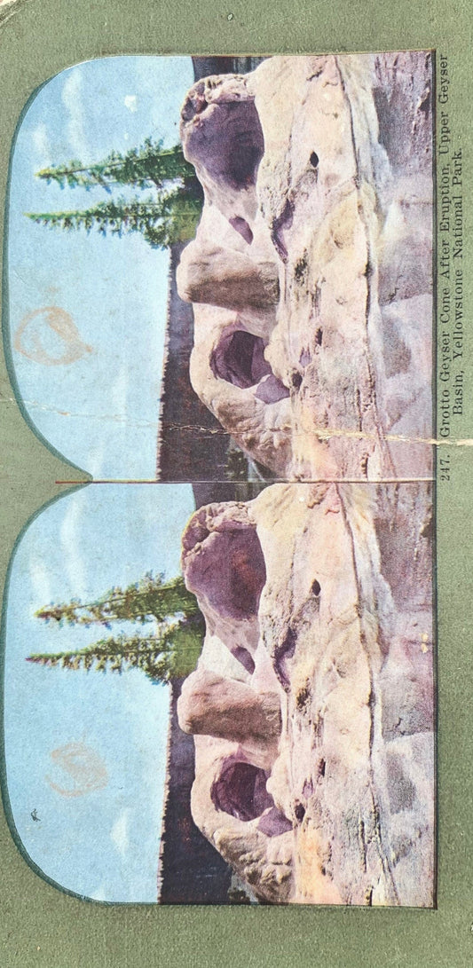 Grotto Geyser Cone After Eruption, Upper Geyser Basin, Yellowstone National Park Vintage Stereo View Card, Late 1800s