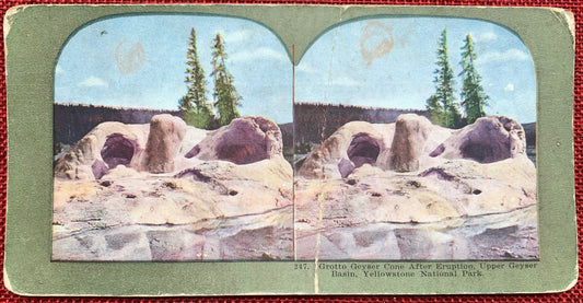 Grotto Geyser Cone After Eruption, Upper Geyser Basin, Yellowstone National Park Vintage Stereo View Card, Late 1800s