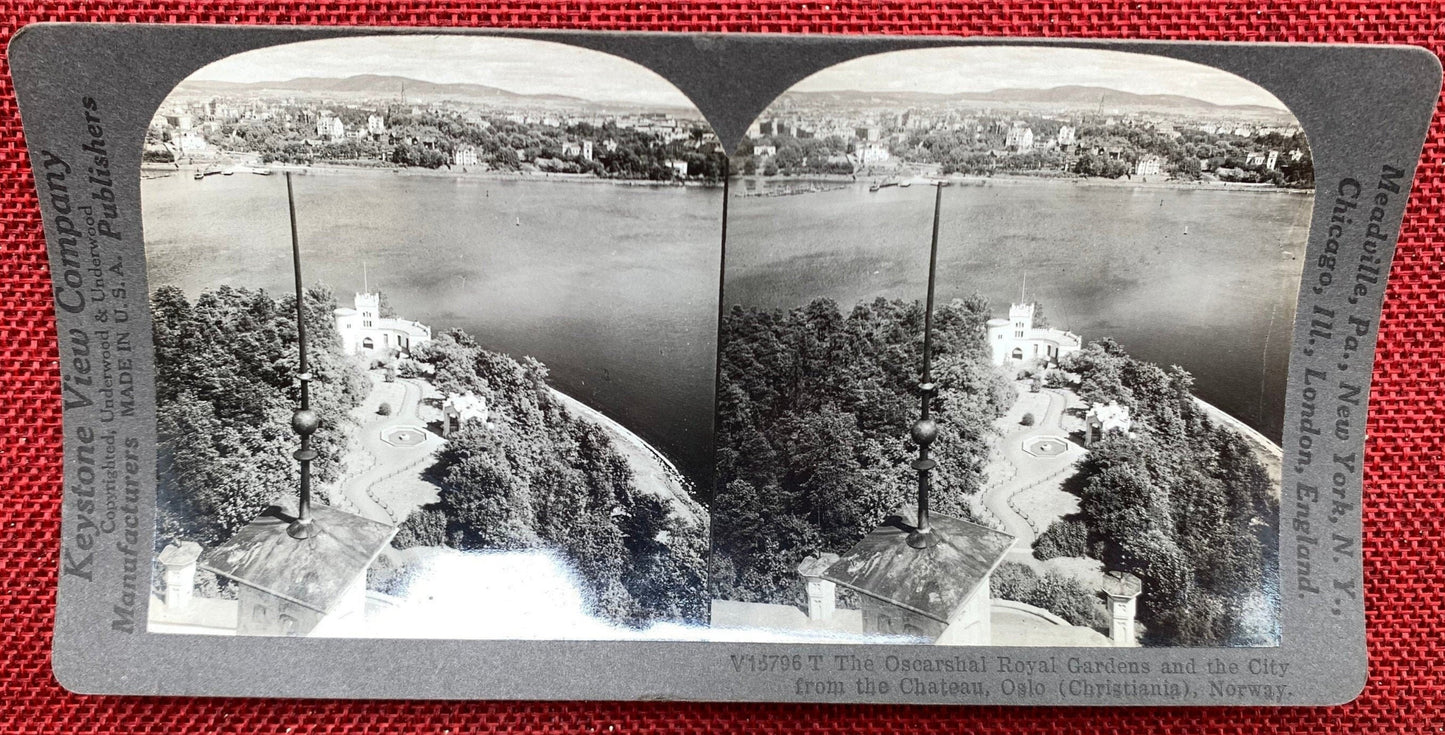 The Oscarshal Royal Gardens - City of Oslo, Norway - Vintage Stereoview Card - Keystone View Company 1910s