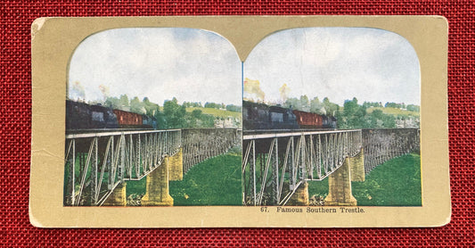 Famous Southern Trestle - New Hampshire - Train Going Across a Train Trestle - Stereo View Card - Late 1800s