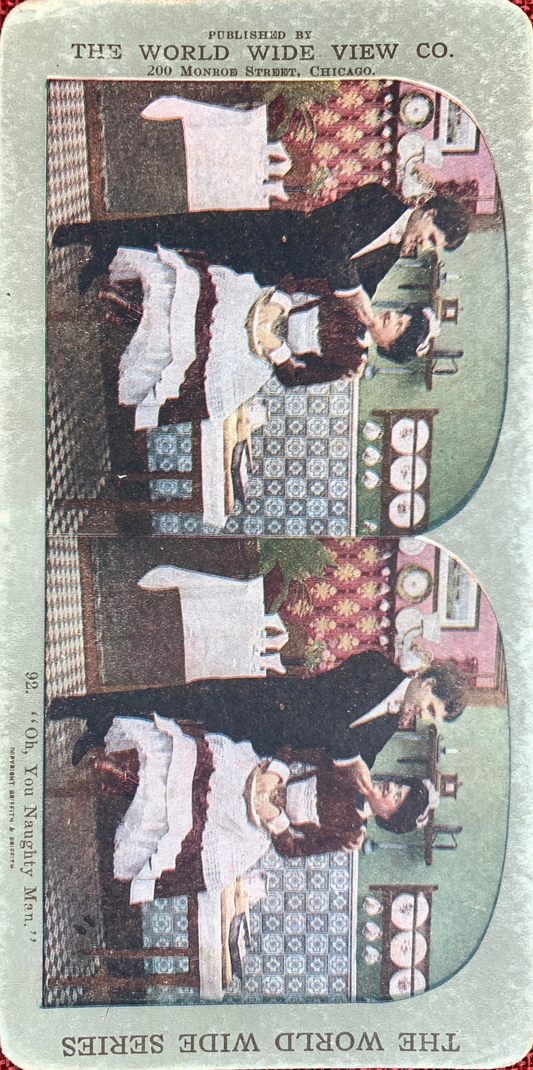 Oh, You Naughty Man - Man With His Arm Around a Woman's Shoulder in a Kitchen - Stereo View Card - Early 1900s
