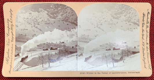 Winter in the Valley of Lauterbrunnen, Switzerland - Vintage Stereo Card - 1900 - Train Going Through A Snowy Valley