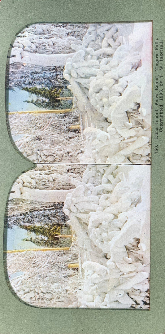 Luna Island - Niagara Falls in Winter - Late 1800s Stereo View Card