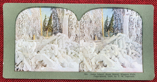 Luna Island - Niagara Falls in Winter - Late 1800s Stereo View Card
