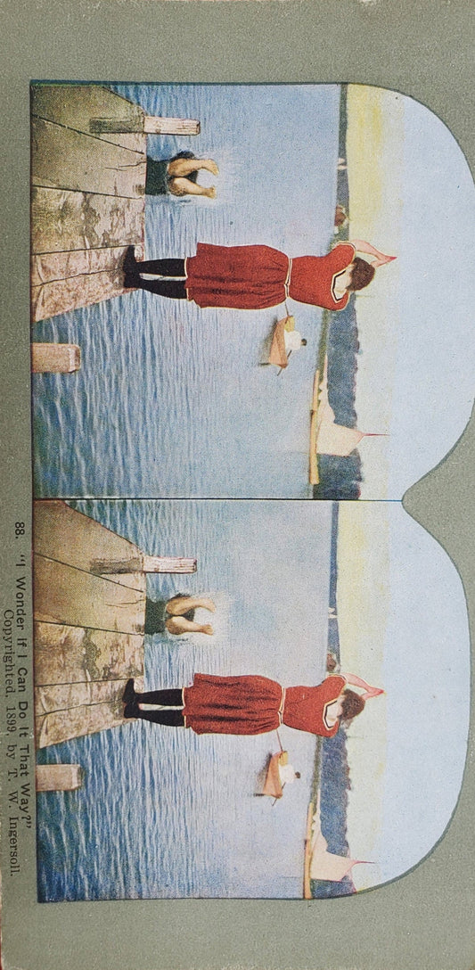 I Wonder if I Can Do It That Way? - Vintage Stereo View Card - Late 1800s