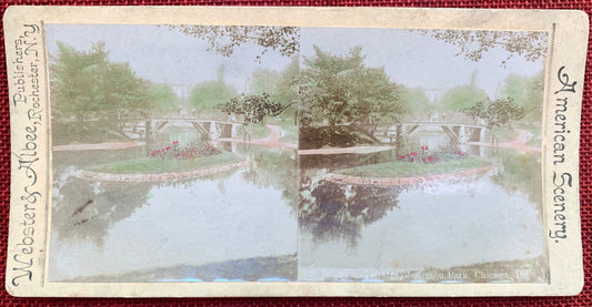 Jefferson Park Island and Bridge - Chicago, Illinois - Stereo View Card - 1890s Antique
